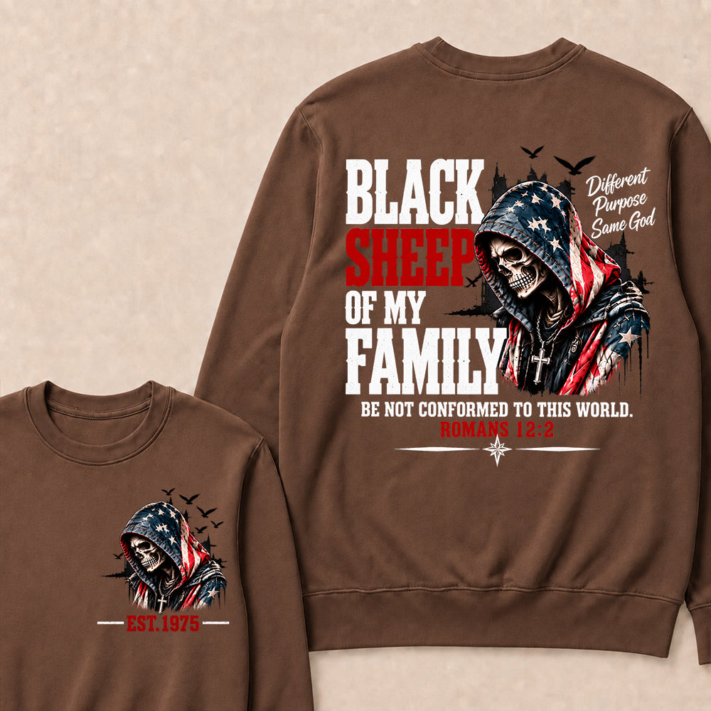 Black Sheep Of My Family Romans 12:2 EST.Year American Flag Skull Print Sweatshirt Christian Faith Vintage Graphic Sweatshirt