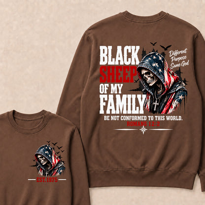 Black Sheep Of My Family Romans 12:2 EST.Year American Flag Skull Print Sweatshirt Christian Faith Vintage Graphic Sweatshirt