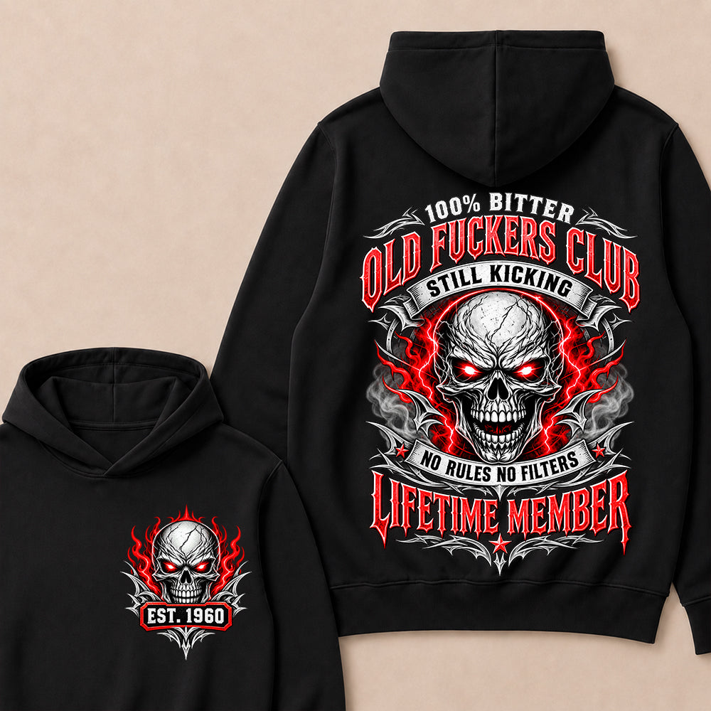 100% Bitter Old Fuckers Club Lifetime Member – Custom EST.Year Red-Eyed Skull Graphic Hoodie