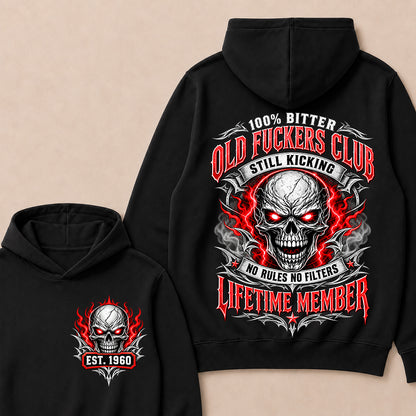 100% Bitter Old Fuckers Club Lifetime Member – Custom EST.Year Red-Eyed Skull Graphic Hoodie