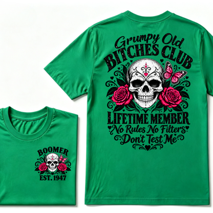 Boomer EST.Year Grumpy Old Club Sugar Skull Rose Butterfly Vintage Graphic T-Shirt