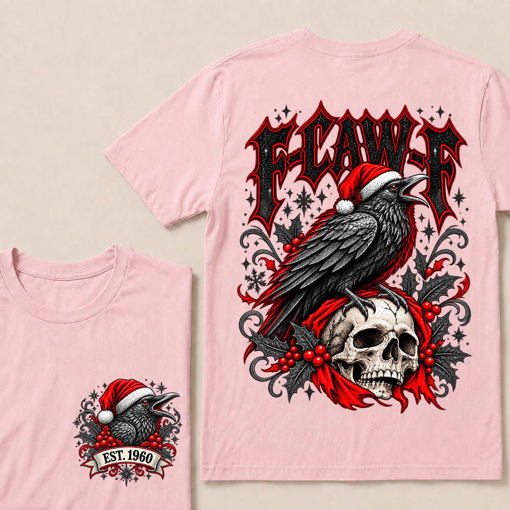 F-CAW-F – Custom EST.Year Gothic Christmas Crow & Skull Graphic T-Shirt