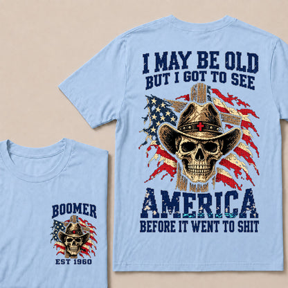 Vintage Western Cowboy Skull T-Shirt | Cross Hat & American Flag "I May Be Old" Graphic Tee