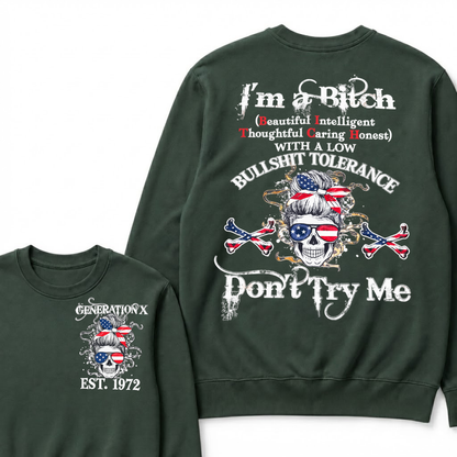 Gen X EST.Year Messy Bun American Flag Skull Low Tolerance Sarcastic Graphic Crewneck Sweatshirt