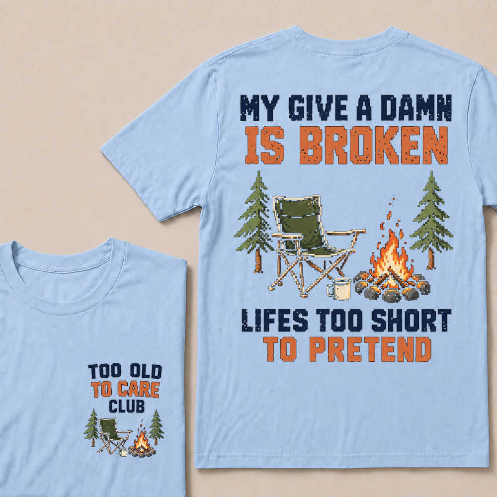 Retro Pixel Campfire & Chair T-Shirt | "My Give A Damn Is Broken" Funny Camping Tee