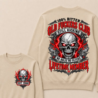 100% Bitter Old Fuckers Club Lifetime Member – Custom EST.Year Red-Eyed Skull Graphic Sweatshirt