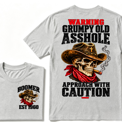 WARNING GRUMPY OLD ASSHOLE APPROACH WITH CAUTION EST.Year Vintage Western Cowboy Skull Tee