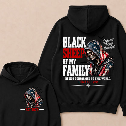 "Black Sheep Of My Family" – Romans 12:2 Christian Skull Hoodie, Different Purpose Same God Graphic Sweatshirt, Patriotic Faith Apparel