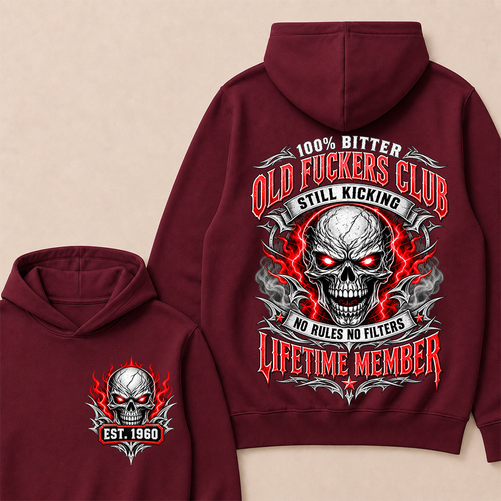 100% Bitter Old Fuckers Club Lifetime Member – Custom EST.Year Red-Eyed Skull Graphic Hoodie
