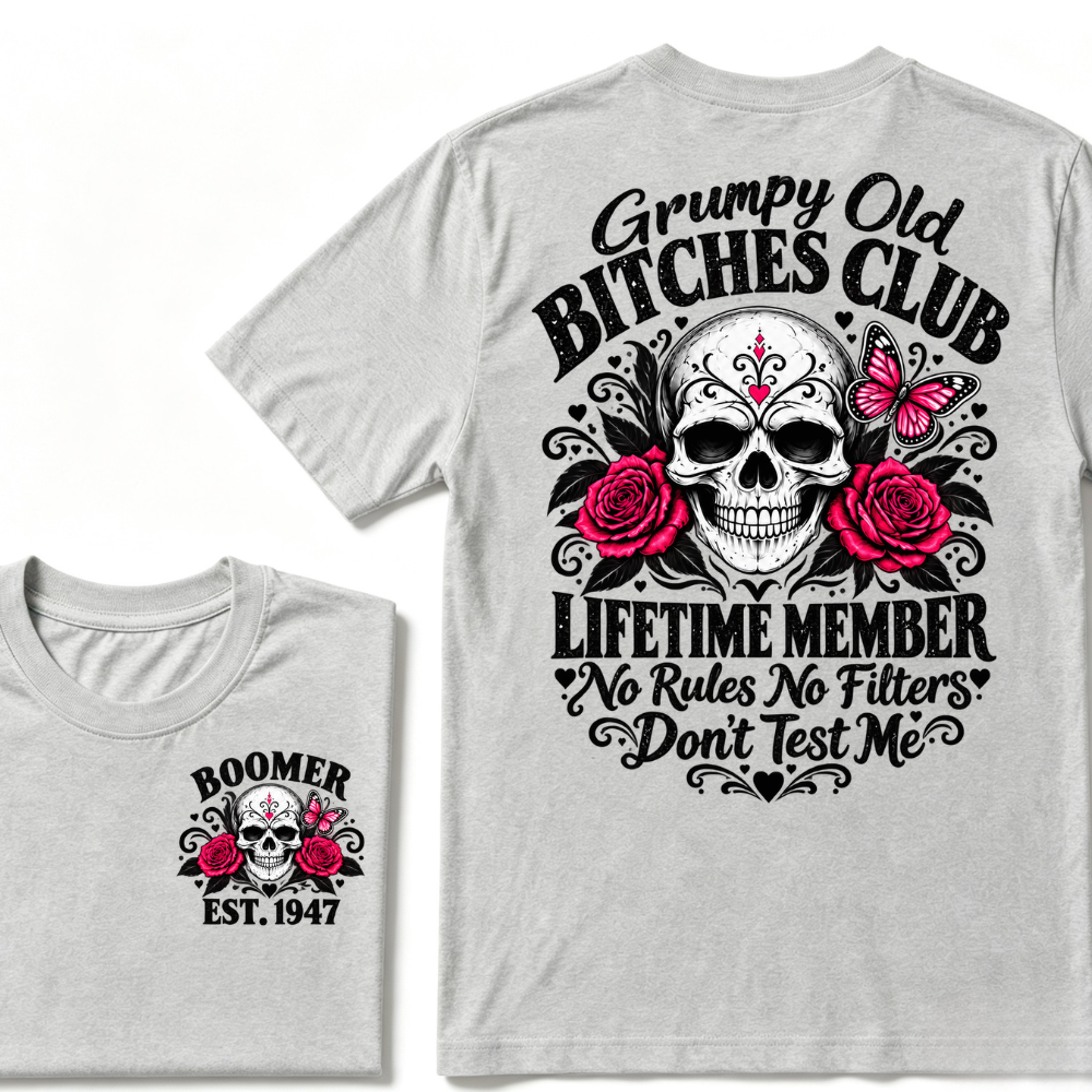 Boomer EST.Year Grumpy Old Club Sugar Skull Rose Butterfly Vintage Graphic T-Shirt