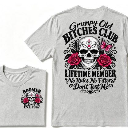 Boomer EST.Year Grumpy Old Club Sugar Skull Rose Butterfly Vintage Graphic T-Shirt
