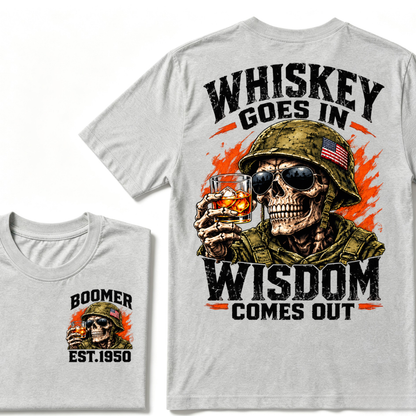 Boomer EST.Year Soldier Skull Whiskey Goes In Wisdom Comes Out American Flag Graphic T-Shirt