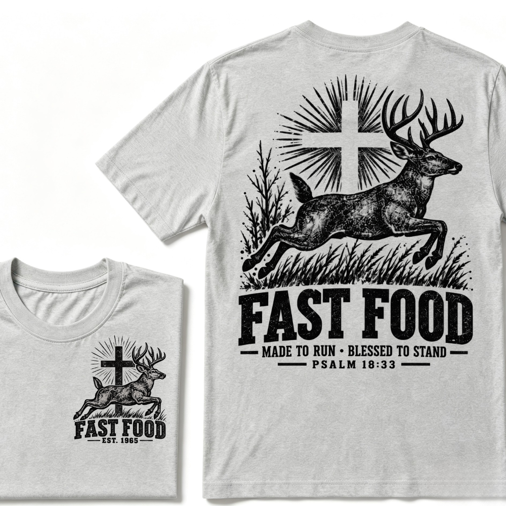 EST.Year Fast Food Made To Run Blessed To Stand Psalm 18:33 Deer Cross Hunting T-Shirt