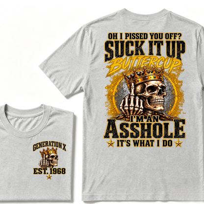 Gen X EST.Year Crown Middle Finger Skull Sarcastic Quote Vintage Graphic T-Shirt