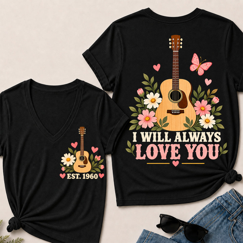 I Will Always Love You – Custom EST.Year Floral Acoustic Guitar Women’s V-Neck T-Shirt