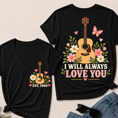 I Will Always Love You – Custom EST.Year Floral Acoustic Guitar Women’s V-Neck T-Shirt