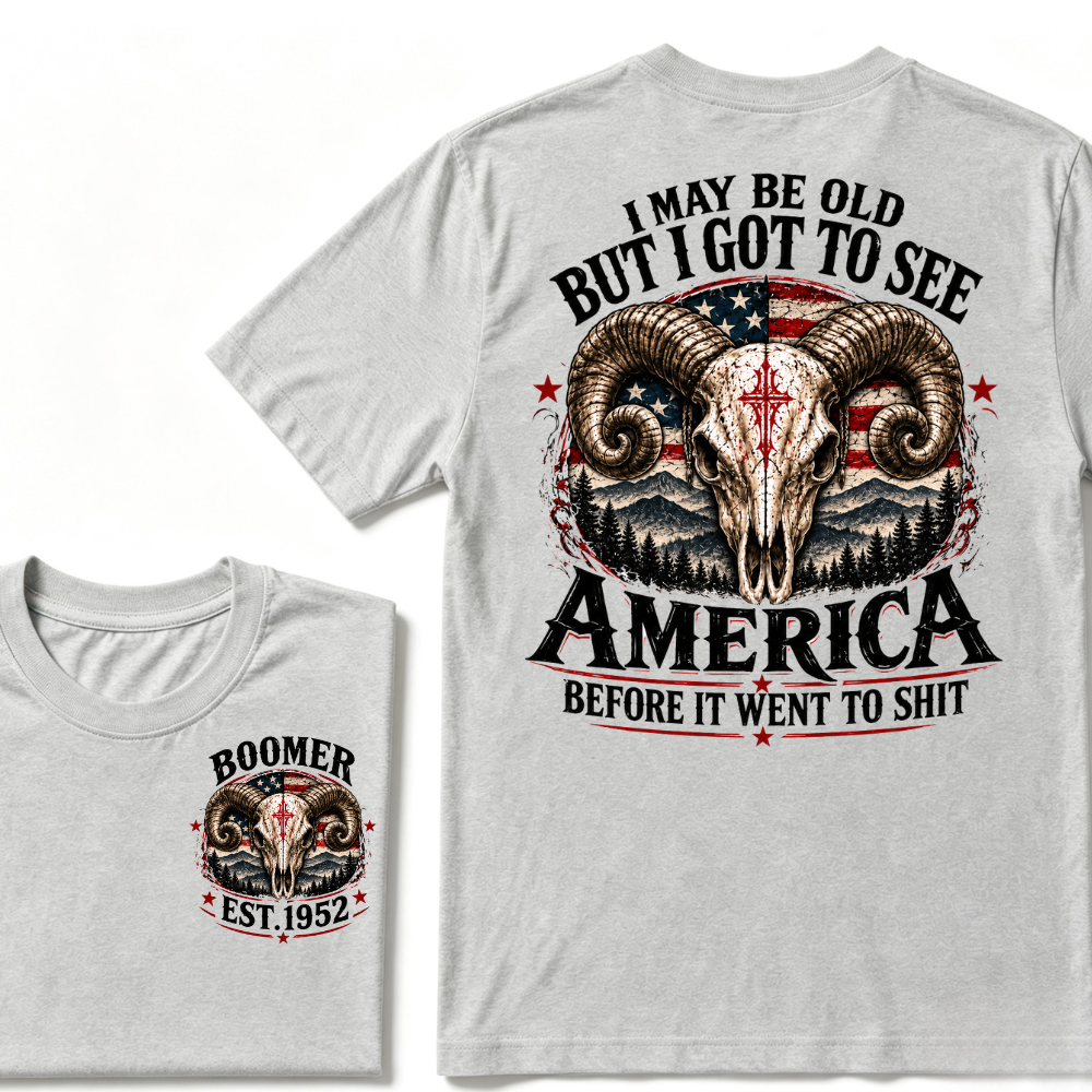 Boomer EST.Year Ram Skull American Flag I May Be Old But I Got To See America Vintage Graphic T-Shirt