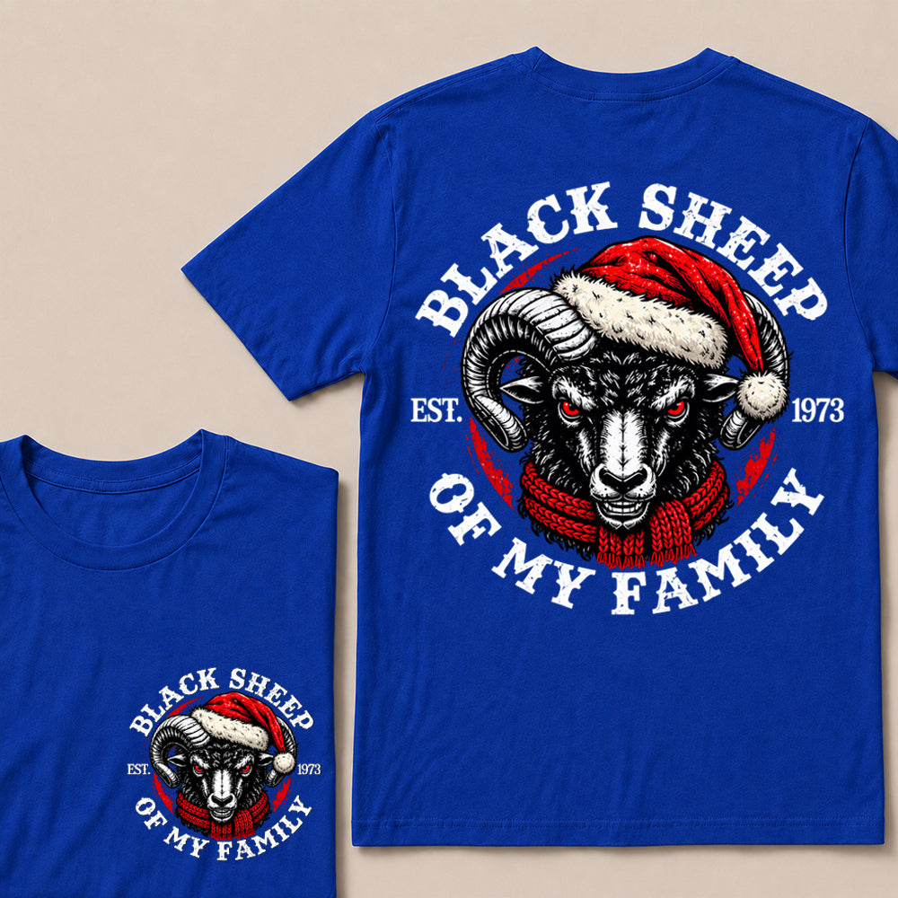 Black Sheep of My Family – Custom EST. Year Christmas Ram & Red Scarf Graphic T-Shirt