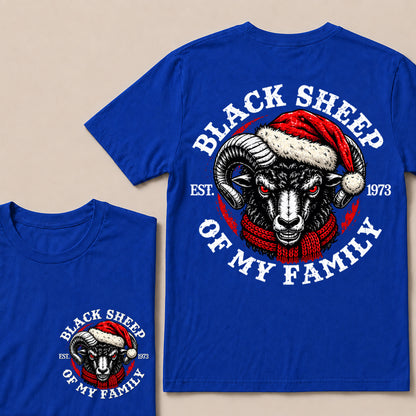 Black Sheep of My Family – Custom EST. Year Christmas Ram & Red Scarf Graphic T-Shirt