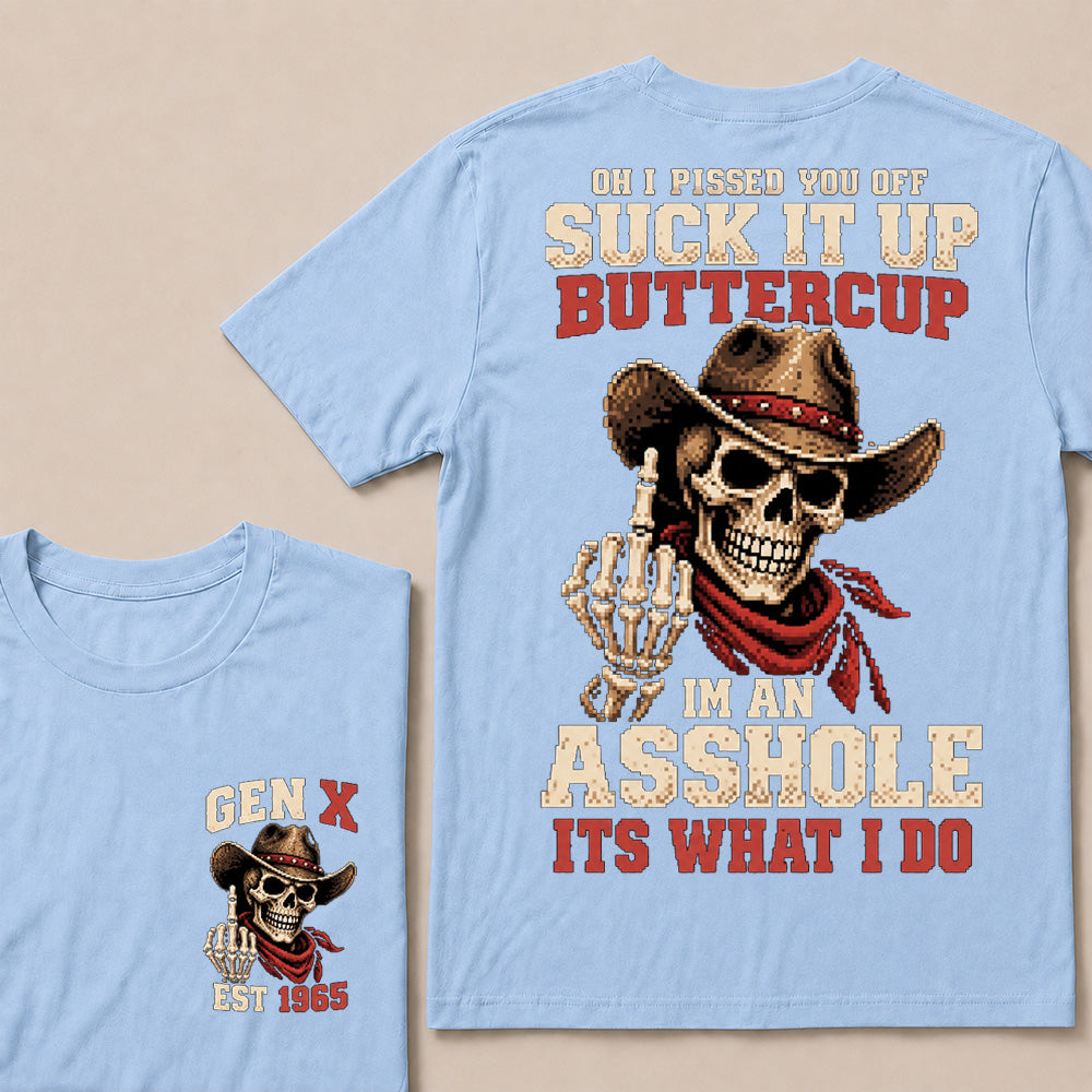 Retro Pixel Cowboy Skull Graphic Tee | "Suck It Up Buttercup" Gen X Sarcastic T-Shirt