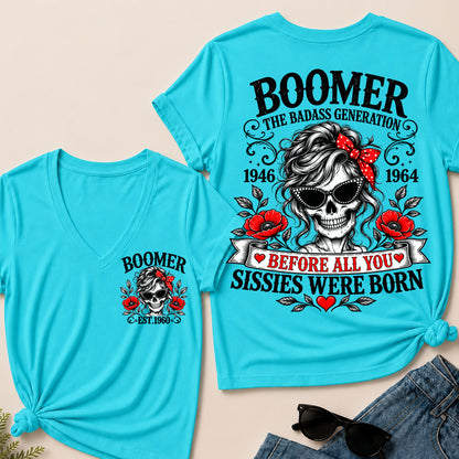 Boomer The Badass Generation Before All You Sissies Were Born – Custom EST.Year Floral Skull Women’s V-Neck T-Shirt