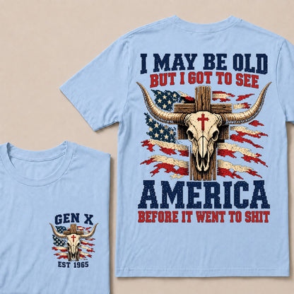 Retro Western Cow Skull & Cross Tee | Distressed American Flag Patriotic Graphic T-Shirt