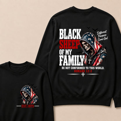Black Sheep Of My Family Romans 12:2 EST.Year American Flag Skull Print Sweatshirt Christian Faith Vintage Graphic Sweatshirt