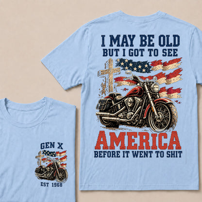 Vintage American Motorcycle & Cross T-Shirt | Patriotic Biker "I May Be Old" Graphic Tee