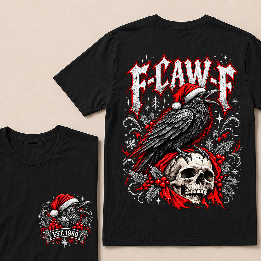 F-CAW-F – Custom EST.Year Gothic Christmas Crow & Skull Graphic T-Shirt