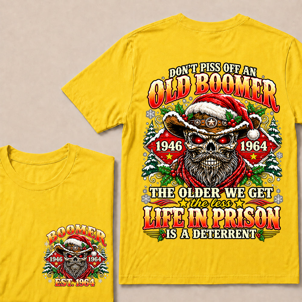 Don’t Piss Off an Old Boomer – Custom EST.Year Christmas Red-Eyed Cowboy Skull & Snowflakes T-Shirt
