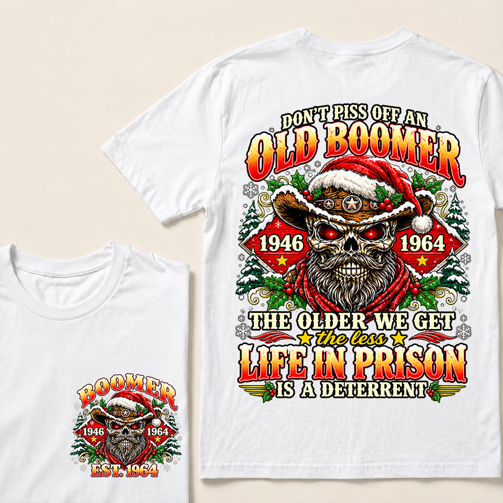 Don’t Piss Off an Old Boomer – Custom EST.Year Christmas Red-Eyed Cowboy Skull & Snowflakes T-Shirt