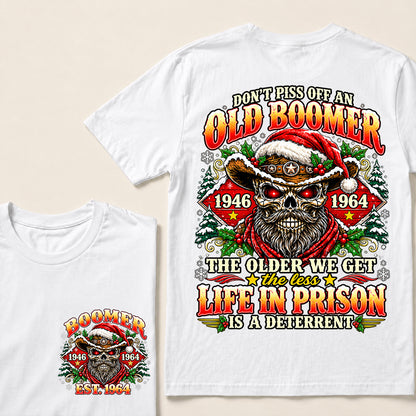 Don’t Piss Off an Old Boomer – Custom EST.Year Christmas Red-Eyed Cowboy Skull & Snowflakes T-Shirt