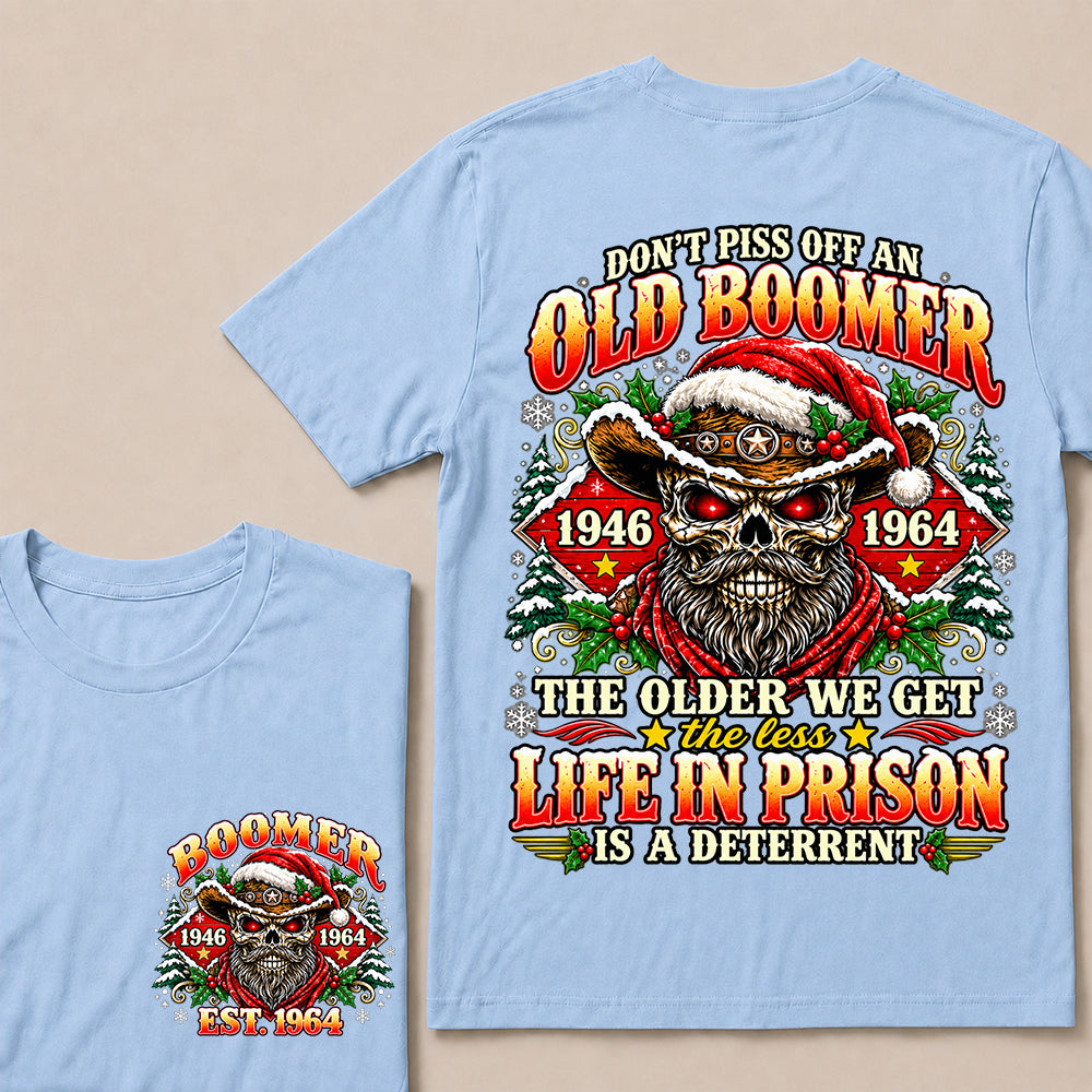 Don’t Piss Off an Old Boomer – Custom EST.Year Christmas Red-Eyed Cowboy Skull & Snowflakes T-Shirt