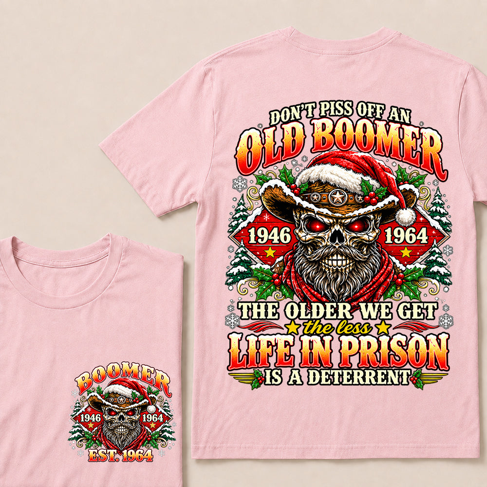 Don’t Piss Off an Old Boomer – Custom EST.Year Christmas Red-Eyed Cowboy Skull & Snowflakes T-Shirt