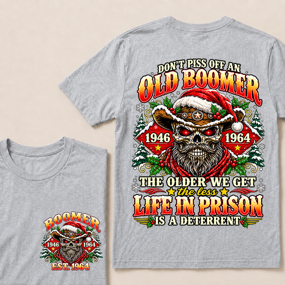 Don’t Piss Off an Old Boomer – Custom EST.Year Christmas Red-Eyed Cowboy Skull & Snowflakes T-Shirt