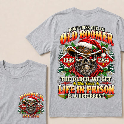 Don’t Piss Off an Old Boomer – Custom EST.Year Christmas Red-Eyed Cowboy Skull & Snowflakes T-Shirt