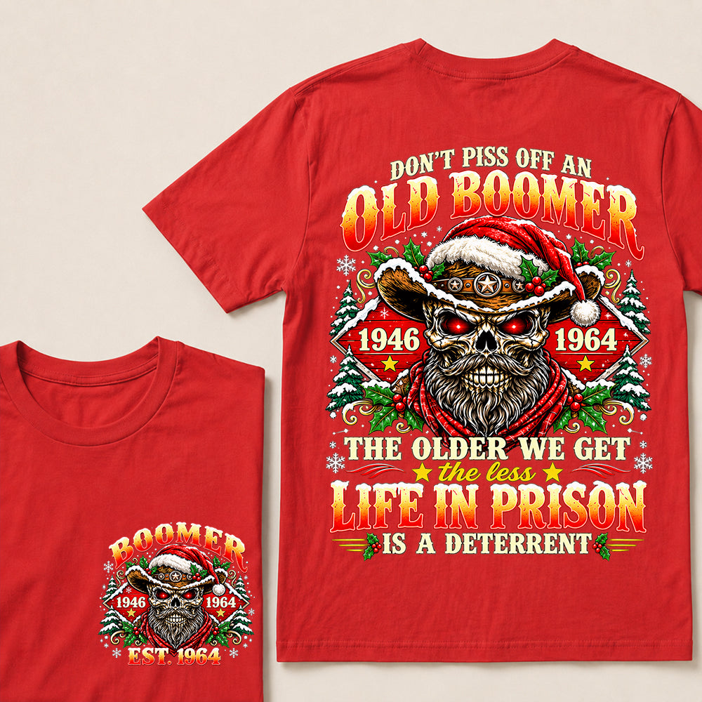Don’t Piss Off an Old Boomer – Custom EST.Year Christmas Red-Eyed Cowboy Skull & Snowflakes T-Shirt