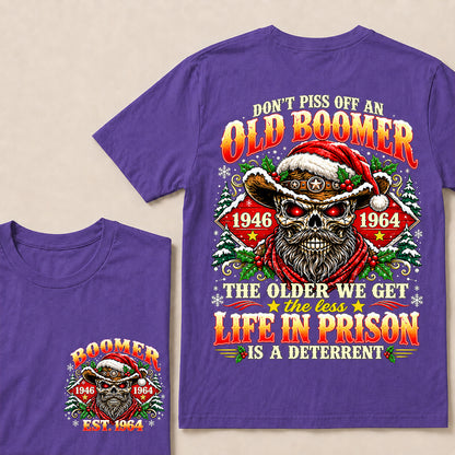 Don’t Piss Off an Old Boomer – Custom EST.Year Christmas Red-Eyed Cowboy Skull & Snowflakes T-Shirt
