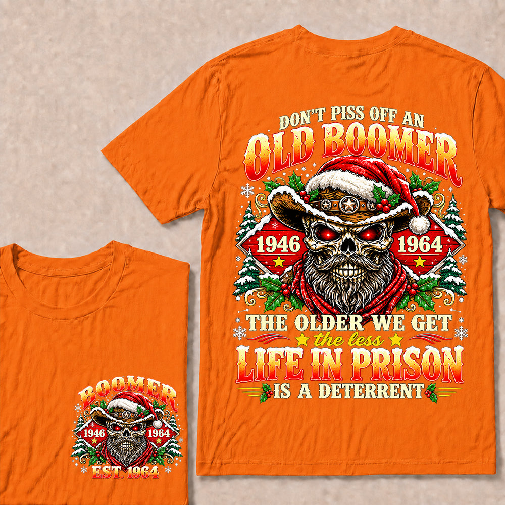 Don’t Piss Off an Old Boomer – Custom EST.Year Christmas Red-Eyed Cowboy Skull & Snowflakes T-Shirt