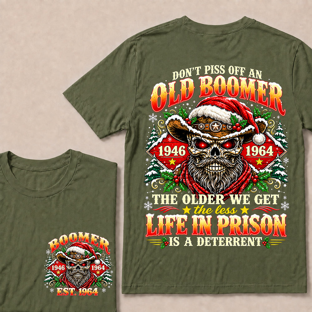 Don’t Piss Off an Old Boomer – Custom EST.Year Christmas Red-Eyed Cowboy Skull & Snowflakes T-Shirt