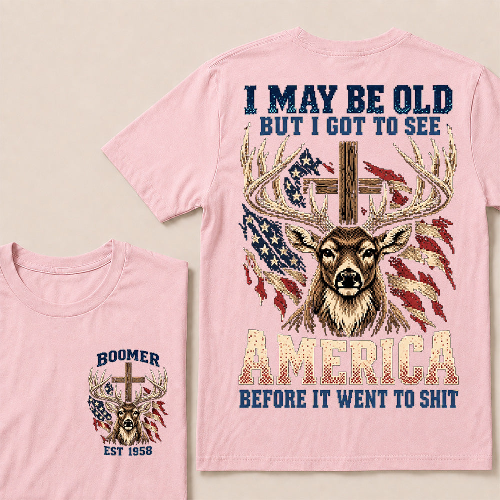 Retro Pixel Buck Deer & Cross T-Shirt | Patriotic Hunting "I May Be Old" Graphic Tee