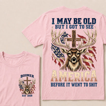 Retro Pixel Buck Deer & Cross T-Shirt | Patriotic Hunting "I May Be Old" Graphic Tee