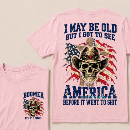 Vintage Western Cowboy Skull T-Shirt | Cross Hat & American Flag "I May Be Old" Graphic Tee
