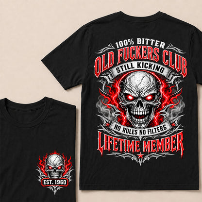 100% Bitter Old Fuckers Club Lifetime Member – Custom EST.Year Red-Eyed Skull Graphic T-Shirt