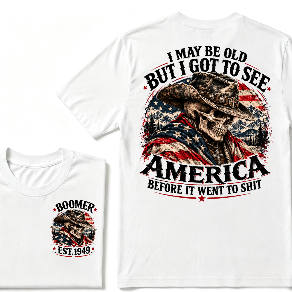 Boomer EST.Year Cowboy Skull American Flag I May Be Old But I Got To See America Vintage Graphic T-Shirt