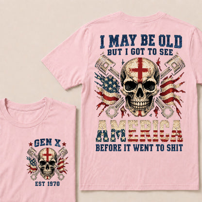 Retro Pixel Crossed Pistons & Skull T-Shirt | Patriotic Biker "I May Be Old" Graphic Tee
