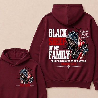 "Black Sheep Of My Family" – Romans 12:2 Christian Skull Hoodie, Different Purpose Same God Graphic Sweatshirt, Patriotic Faith Apparel