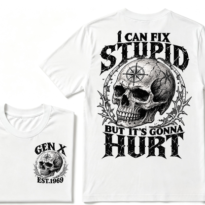 Gen X EST.Year Skull Compass I Can Fix Stupid But It's Gonna Hurt Vintage Graphic T-Shirt