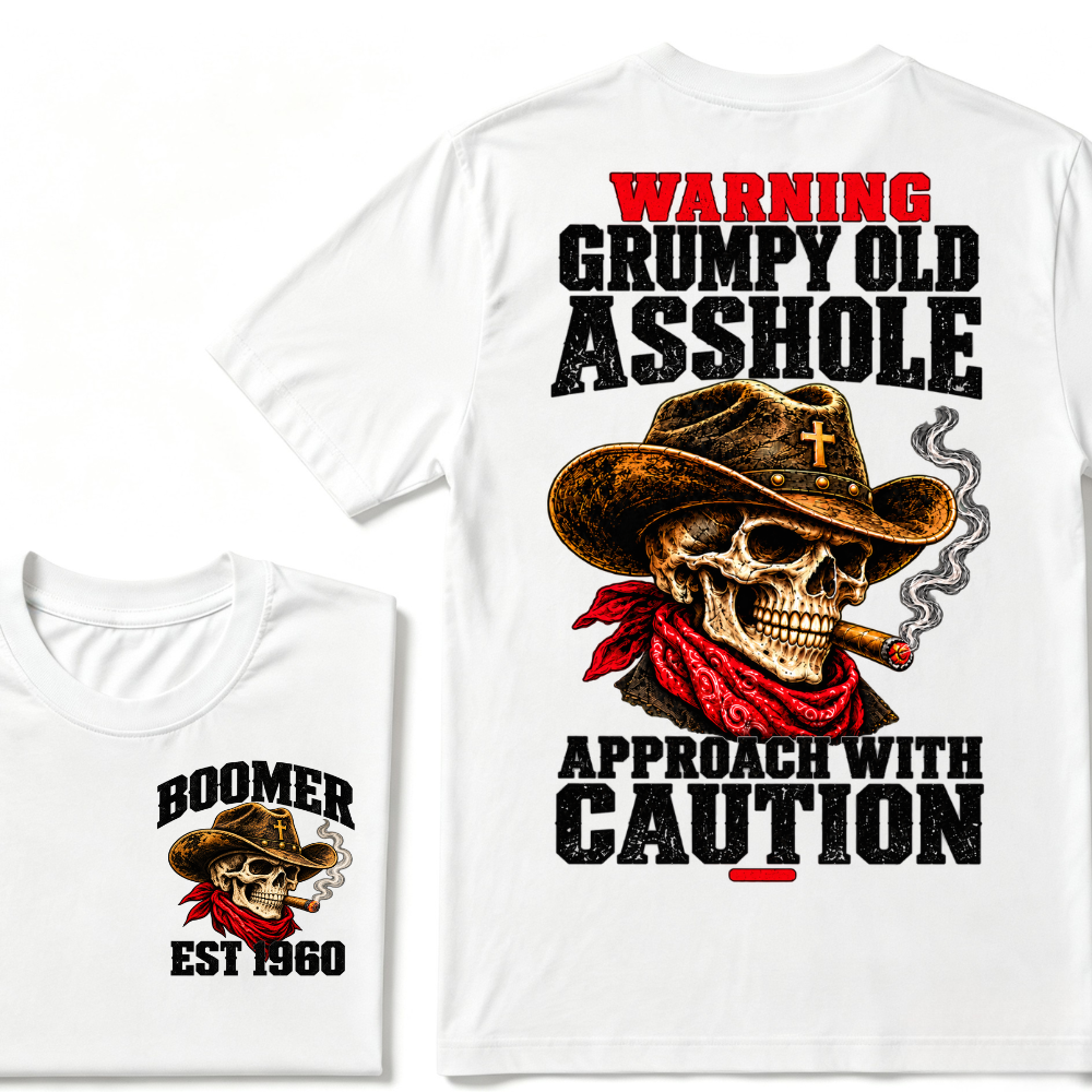WARNING GRUMPY OLD ASSHOLE APPROACH WITH CAUTION EST.Year Vintage Western Cowboy Skull Tee