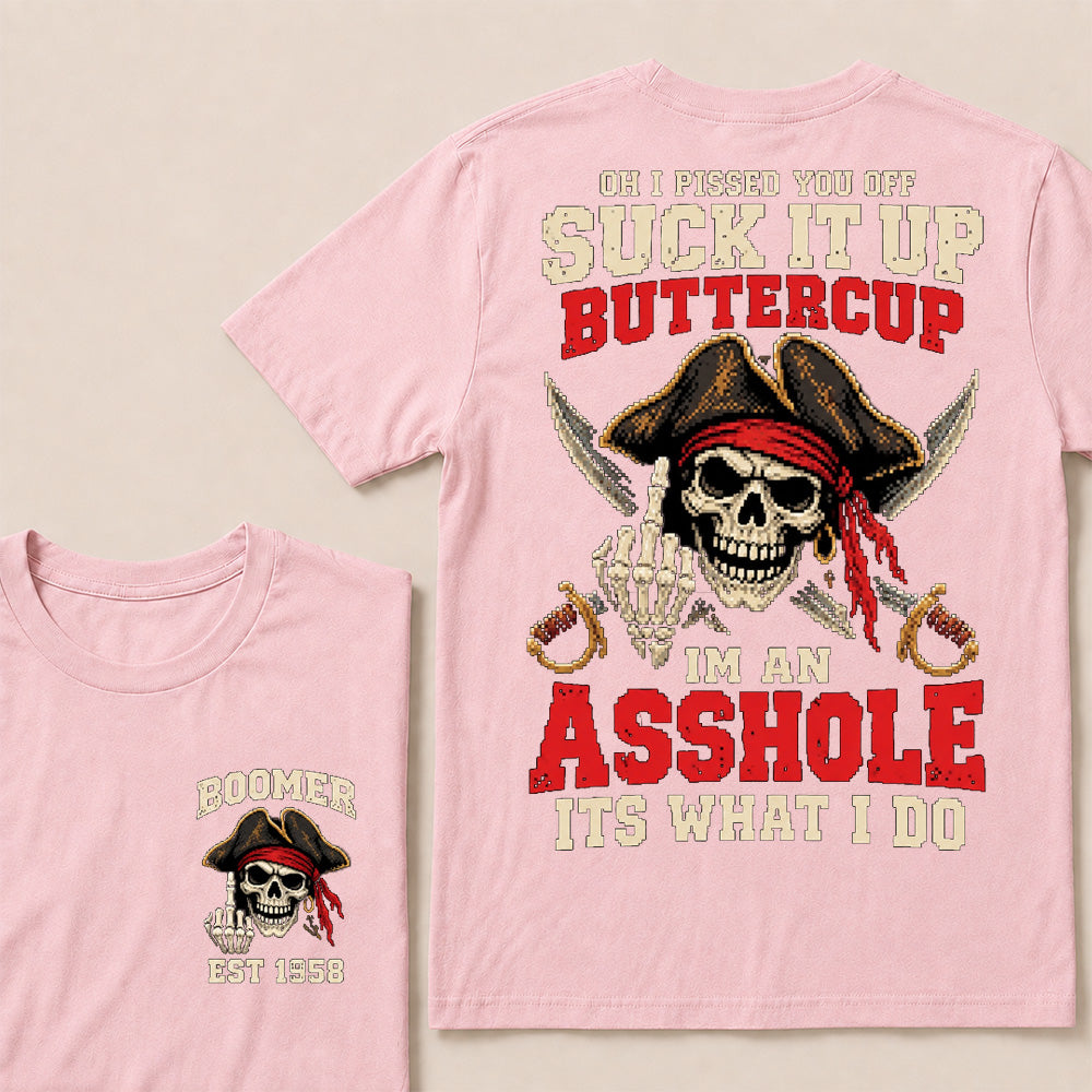 Retro Pixel Pirate Skull T-Shirt | Crossed Cutlasses & Red Bandana "Suck It Up" Graphic Tee